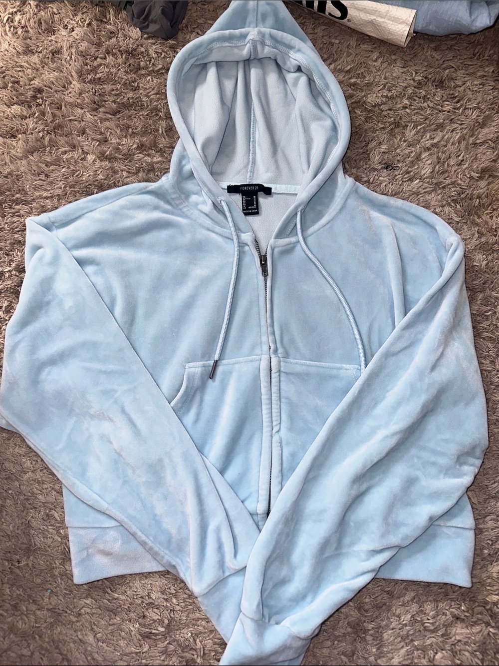 Forever 21 Light Blue Velour Zip-Up Jacket with Hood